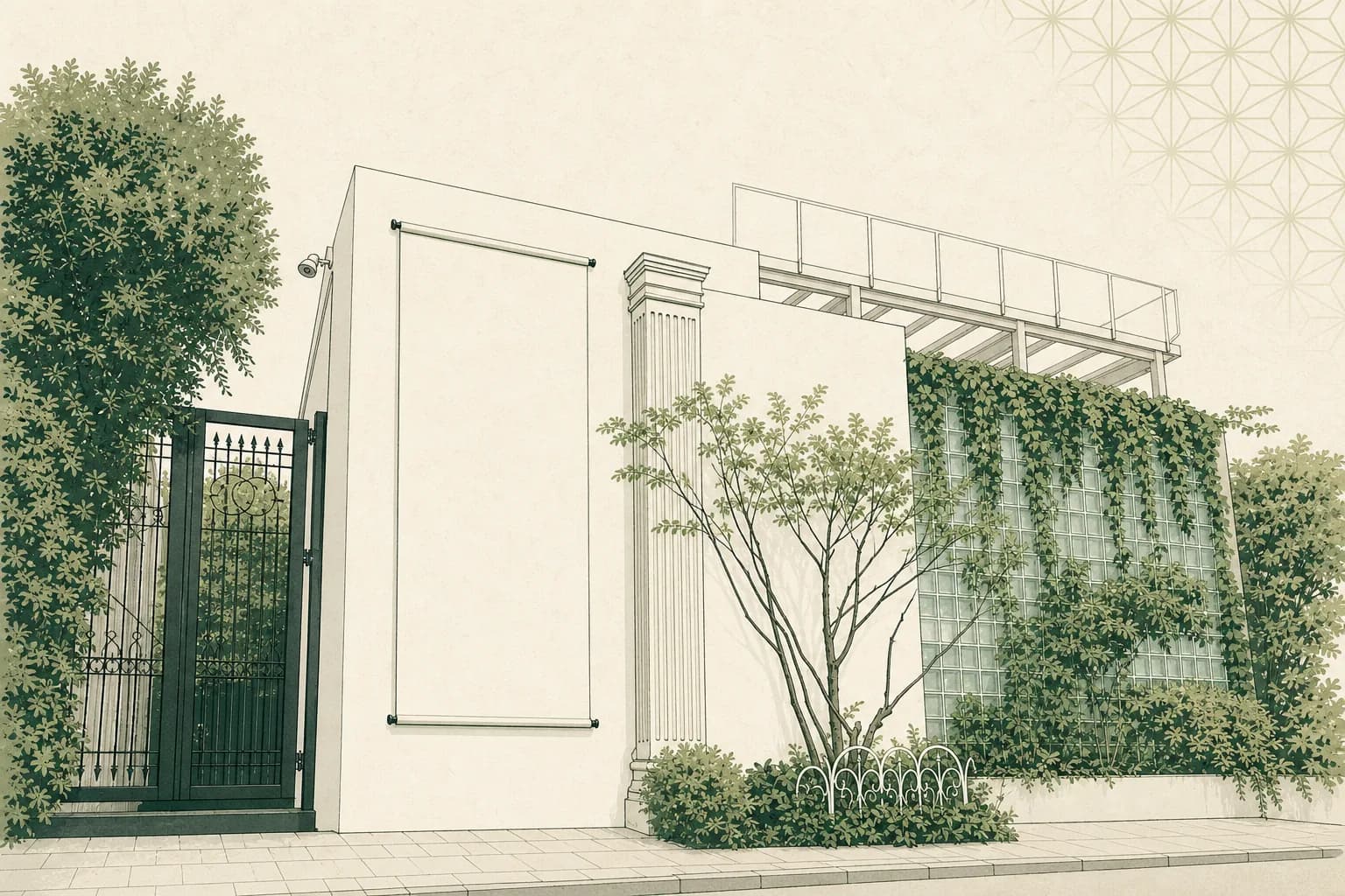 Illustration of the venue exterior, House of OMOTESANDO: white facade with a column, rooftop terrace, ivy-covered glass-block wall, black iron gate and street trees.