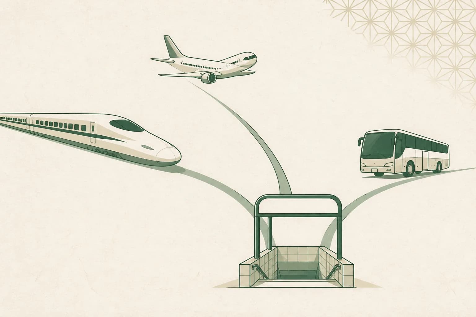 Illustration of a bullet train, an aeroplane, and a coach converging on a subway entrance.