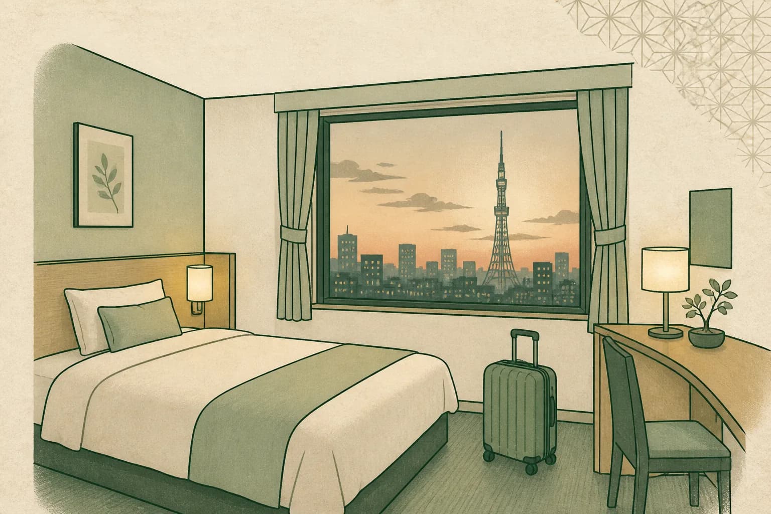 Illustration of a hotel room with a suitcase on the floor and the Tokyo skyline at dusk through the window.