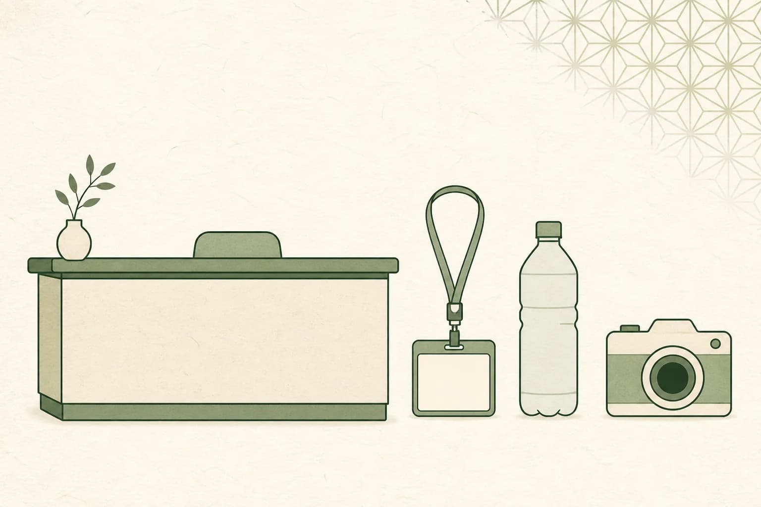 Illustration of a reception desk beside a lanyard name badge, a drink bottle, and a camera.