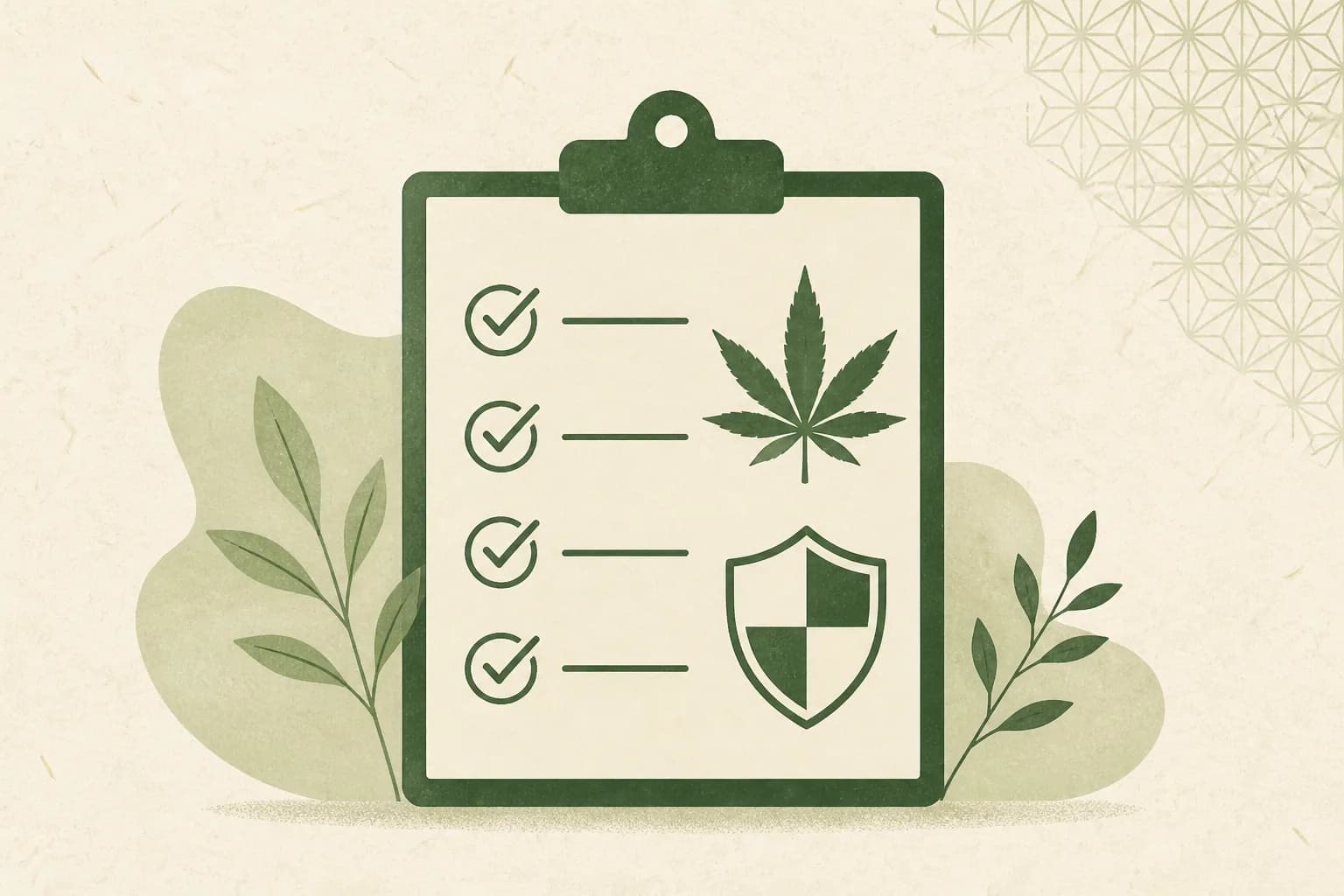 Illustration of a clipboard holding a checklist, with a hemp leaf and a shield emblem.