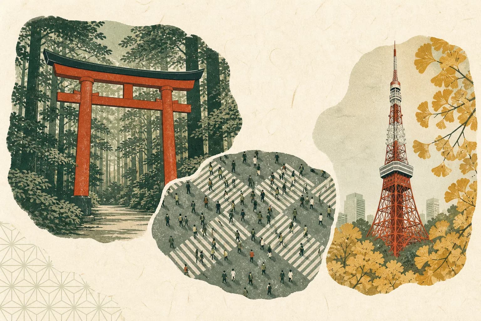 Illustration combining a torii gate in a forest, the Shibuya scramble crossing, and Tokyo Tower among ginkgo trees.