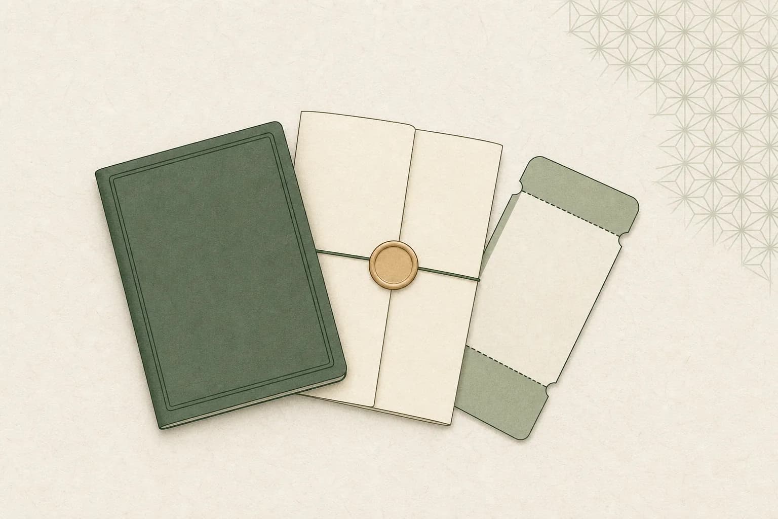 Illustration of a passport, a wax-sealed letter, and a ticket.