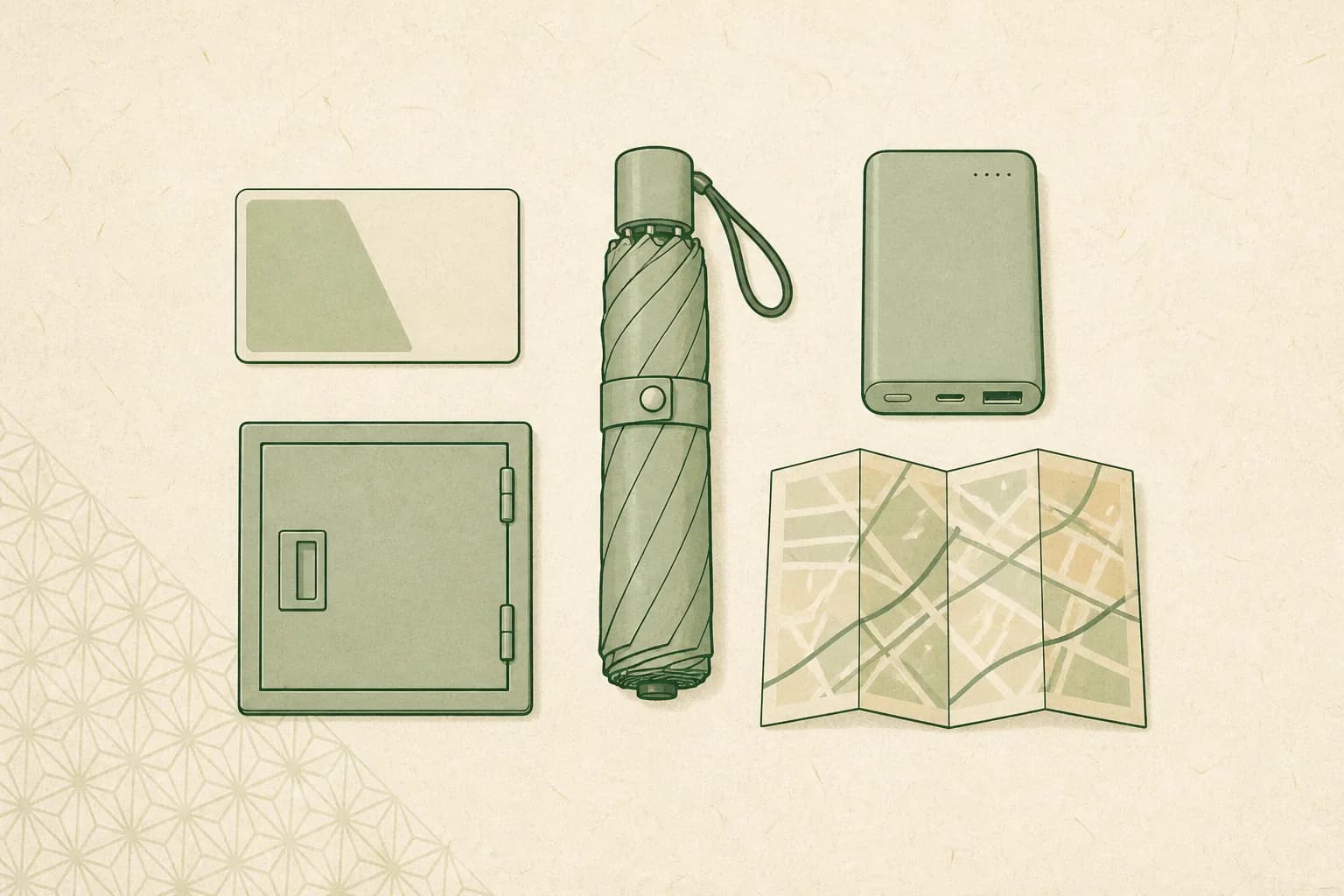 Illustration of an IC travel card, a folding umbrella, a power bank, a coin locker, and a folded map.